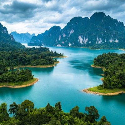 Aerial-photos-from-drones-on-beautiful-lake-in-mountain-at-Ratchaprapha-Dam-and-Cheow-Lan-Lake-Khao-Sok-Thailand